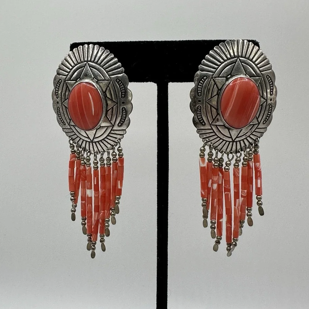 Navajo Sterling Silver Coral Dangle Earrings TK Emerson Southwestern Pierced 3